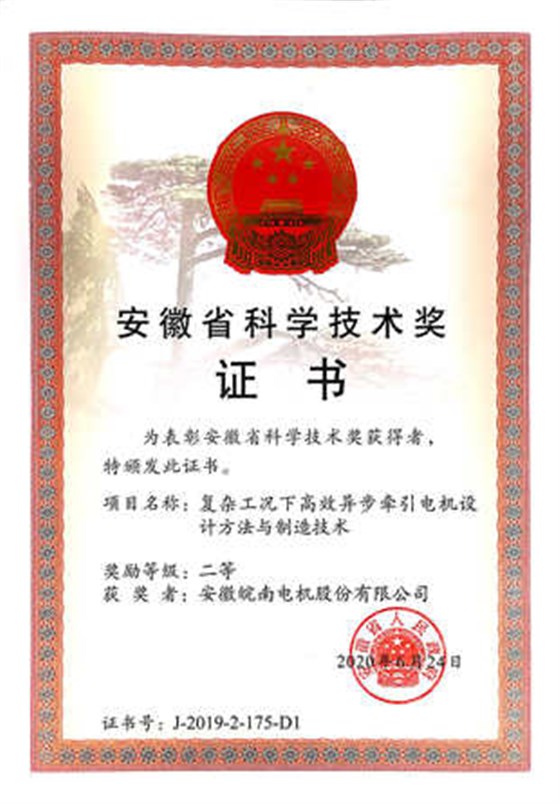 2019年安徽省科技進(jìn)步二等獎(jiǎng):皖南電機(jī):“復(fù)雜工況下高效異步牽引電機(jī)設(shè)計(jì)方法與制造技術(shù)” 2019年安徽省科技進(jìn)步二等獎(jiǎng):皖南電機(jī):“復(fù)雜工況下高效異步牽引電機(jī)設(shè)計(jì)方法與制造技術(shù)”